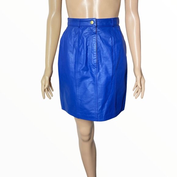 Vintage Dresses & Skirts - VINTAGE TOGETHER 80's Blue Faux Leather Zip-Fly Mini Lined Single Pocket Skirt